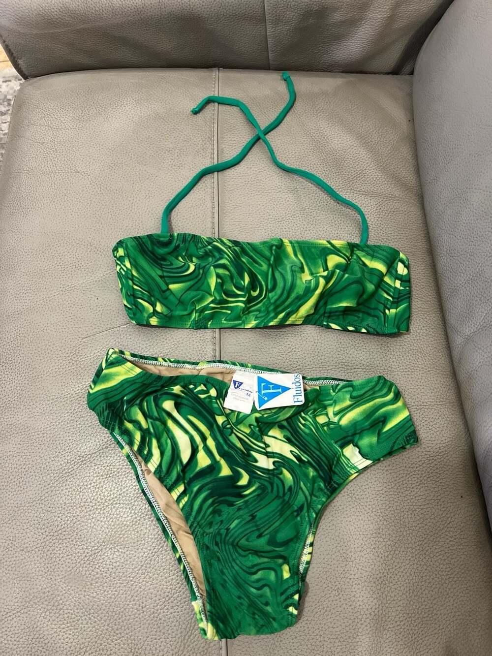 Brazilian Y2K  Fluidos Green Marble Swirl Bandeau Halter Bikini Set Size M